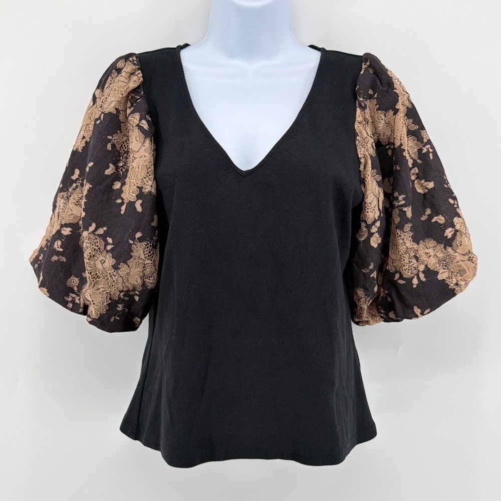 Anthropologie Dolan Left Coast Black Ribbed Knit Tan Floral Lace Puff Sleeve M